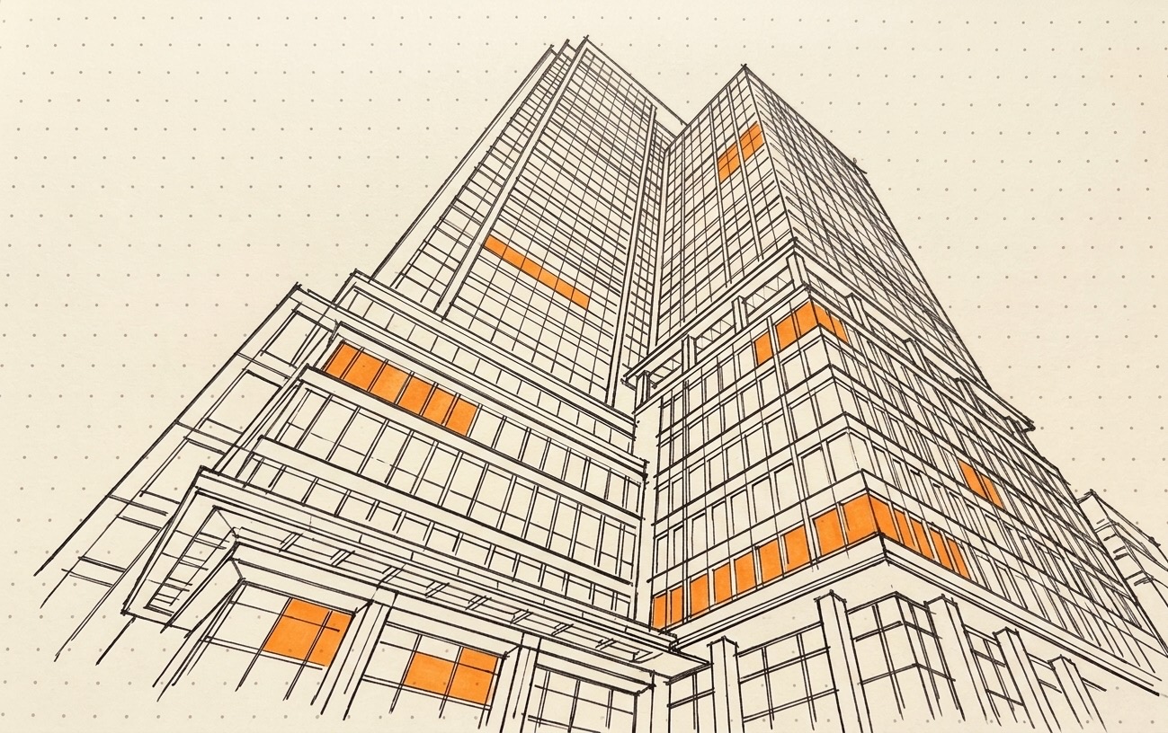 Sketch of a skyscraper lit from within at sunset