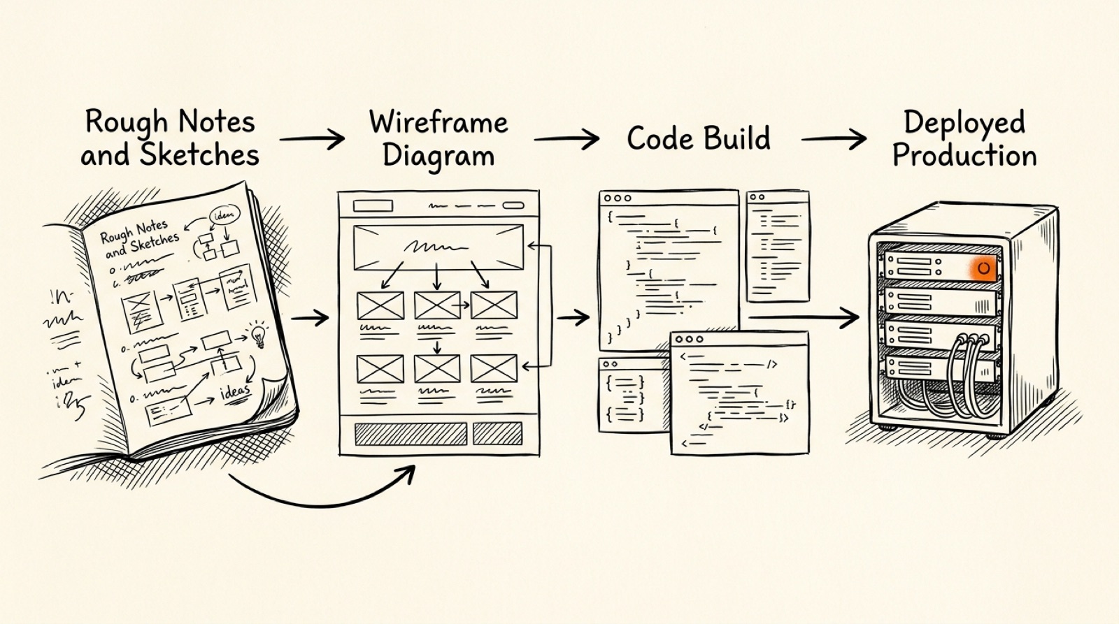 Editorial sketch of an operational workflow moving from notes to wireframe, build, and deployed production