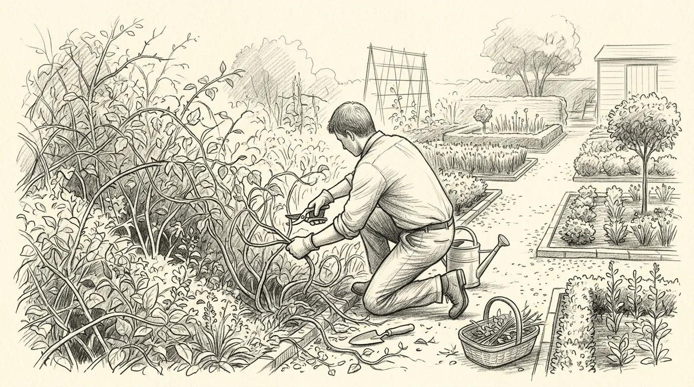 Graphite sketch of a person pruning an overgrown, tangled garden into clean, ordered rows