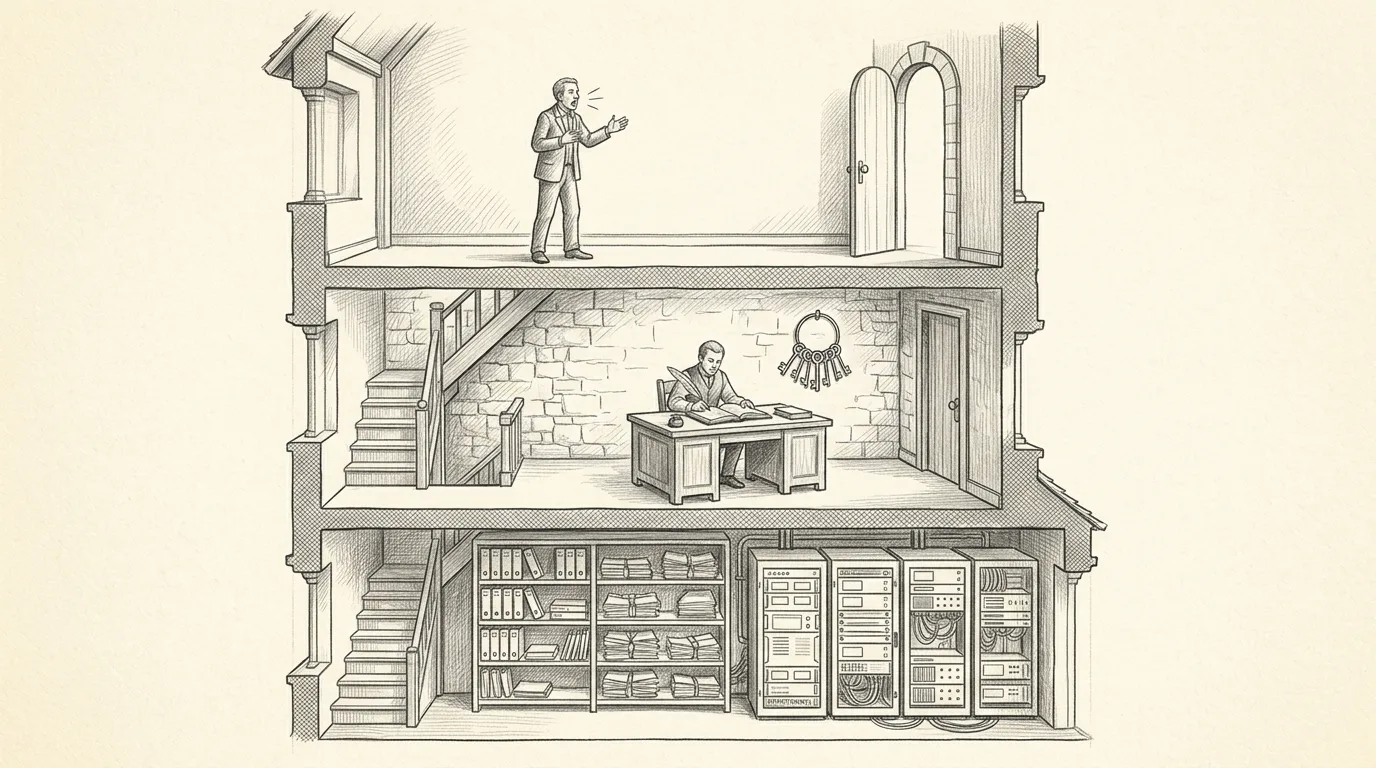 Graphite cutaway of a three-level building: a person speaking at the top, a steward checking requests against a ledger and a ring of keys in the middle, and shelves of records and servers below