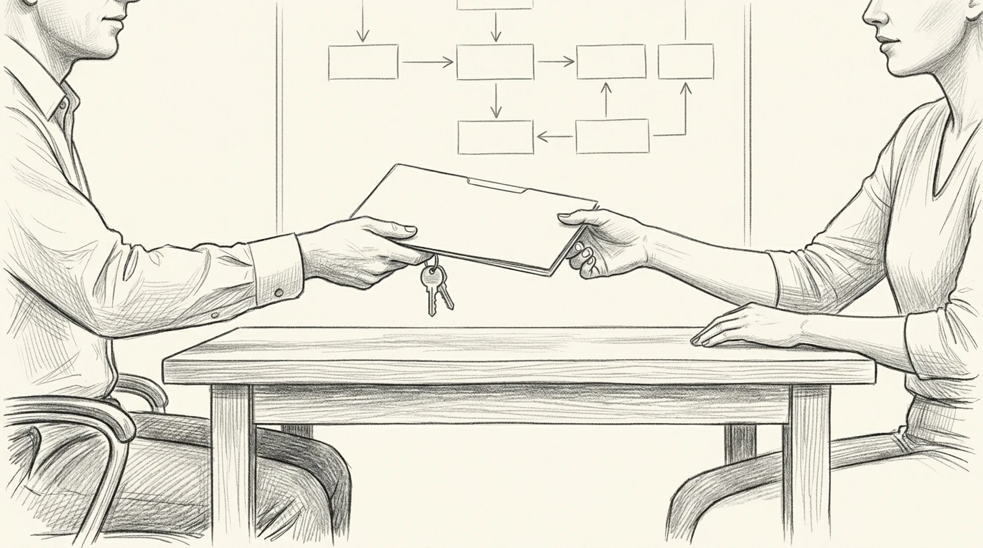 Graphite sketch of one person handing a folder and keys across a table to another person, with a clean organized system diagram on the wall behind them