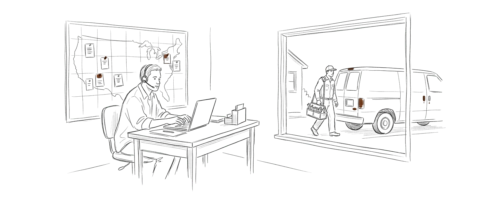 Editorial sketch of a home services dispatcher at a desk with a job map while a technician walks to a service van