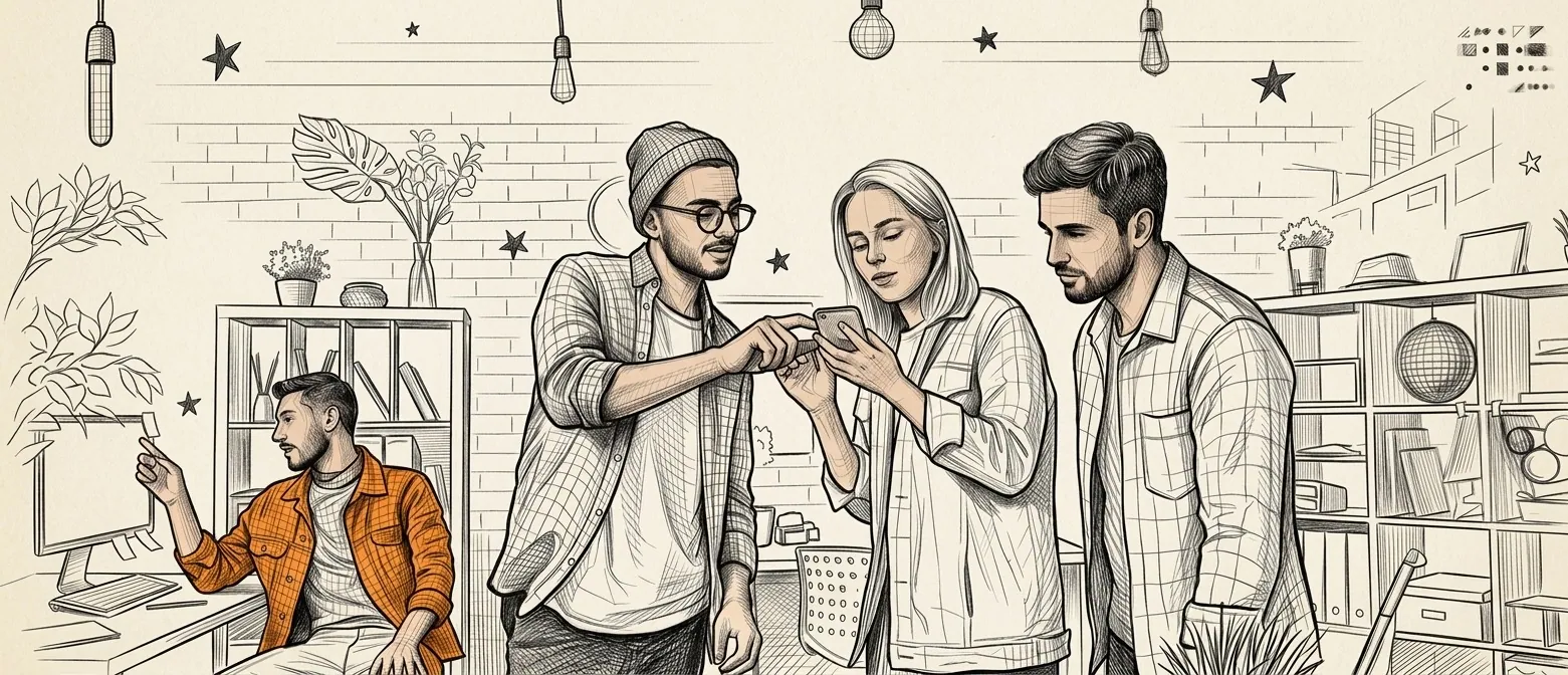 Sketch of a small team reviewing a new request together on a phone