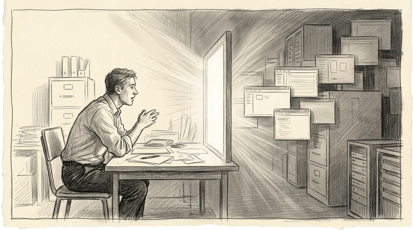 Graphite sketch of a person at a desk speaking to a glowing panel, with application windows, filing cabinets, and servers receding into the background as infrastructure