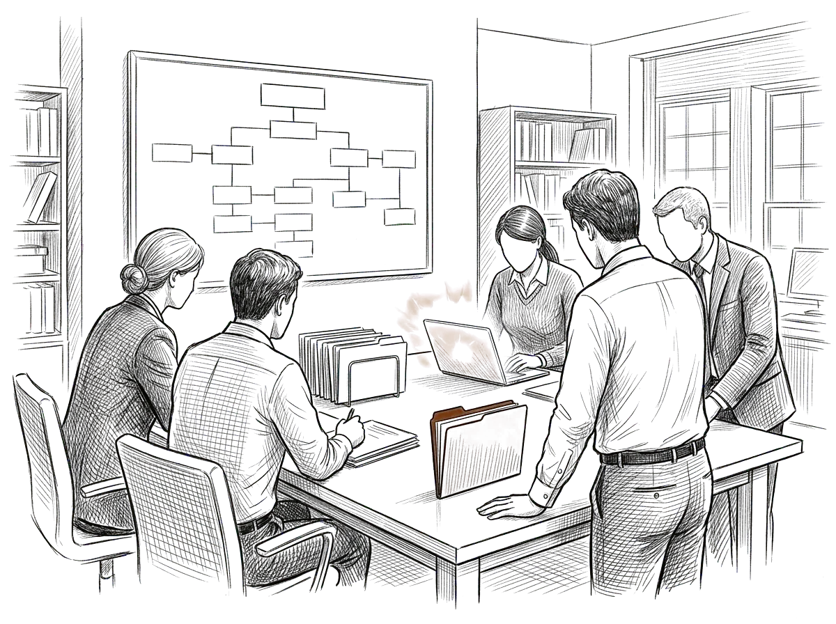 Sketch of a law firm team working from a shared, organized environment
