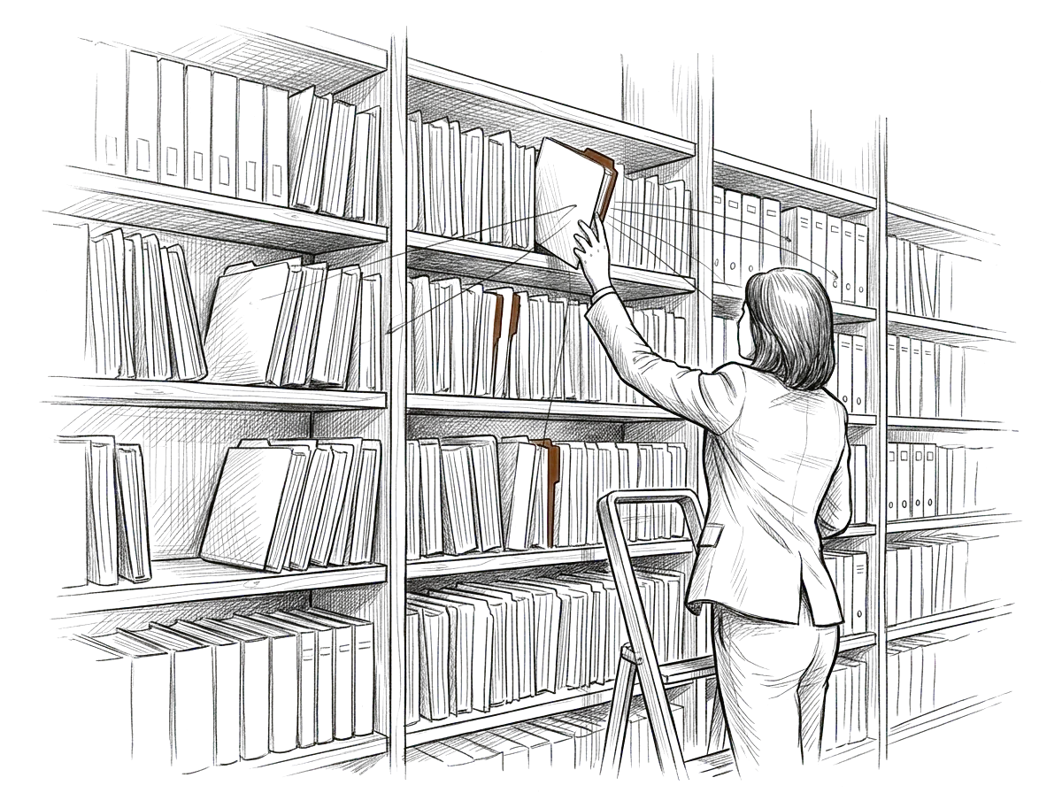 Sketch of an organized law firm archive of case files and research binders
