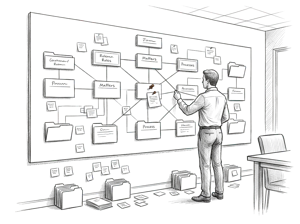 Sketch of someone tracing a firm's roles, matters, and workflows on a wall diagram