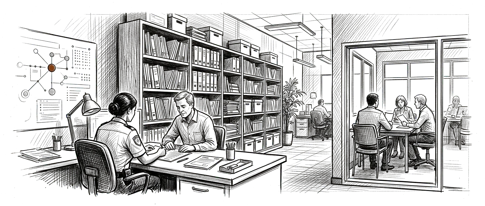 Editorial sketch of local government staff working across records, resident service, and an AI operating environment
