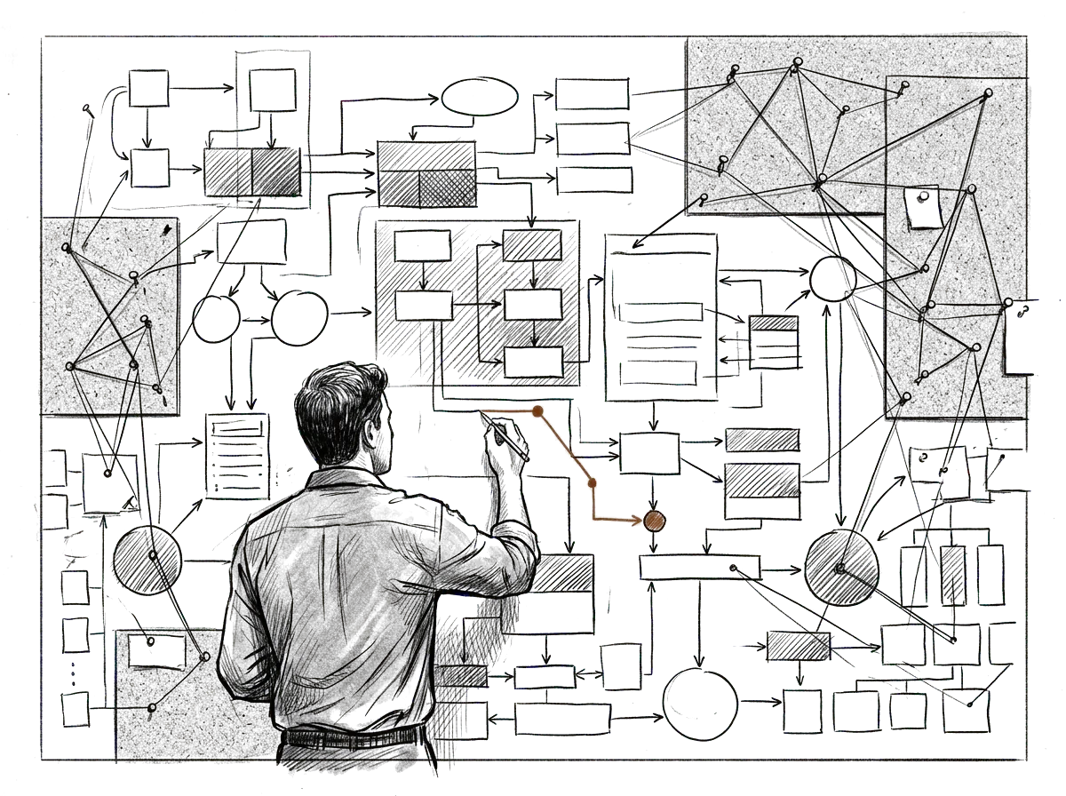 Sketch of someone tracing how public work moves through the organization
