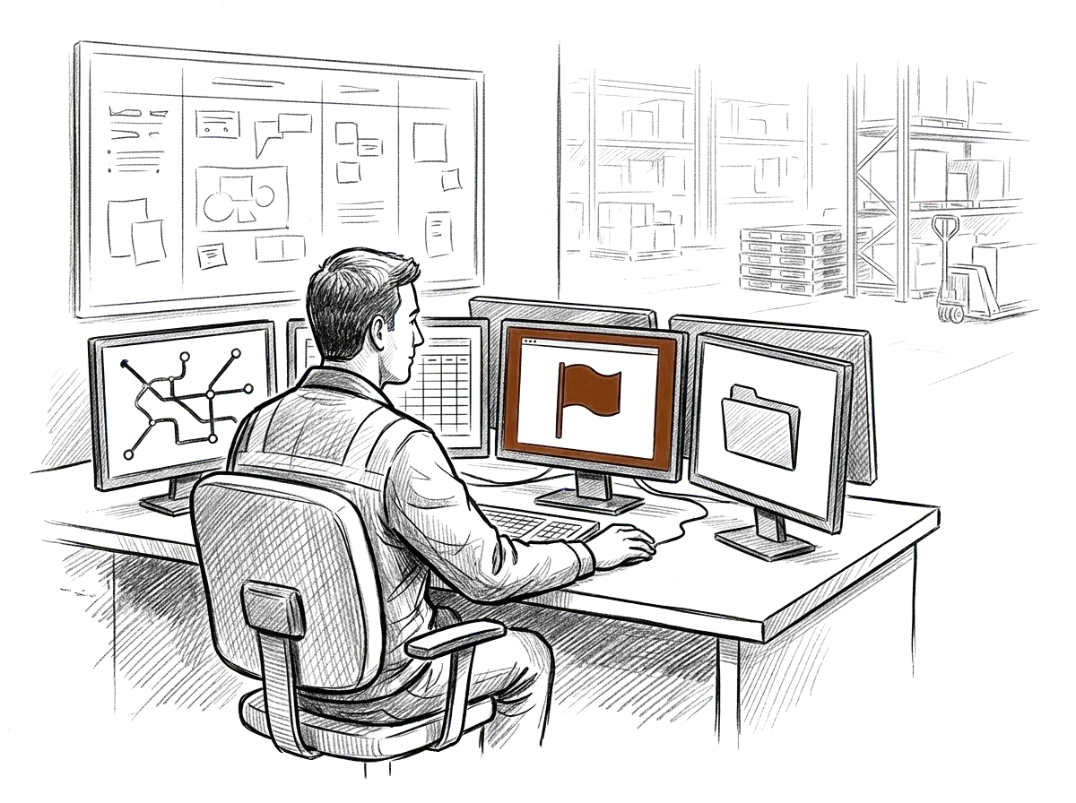Sketch of a 3PL operator working across TMS, spreadsheets, and an AI operating environment