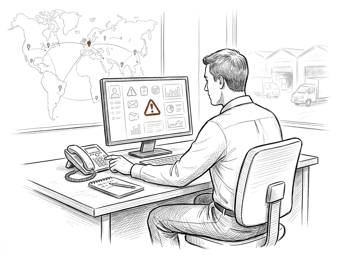 Sketch of a dispatch operator reviewing a flagged shipment exception on a screen