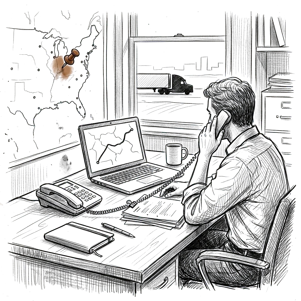 Sketch representing a freight broker's desk and dispatch work