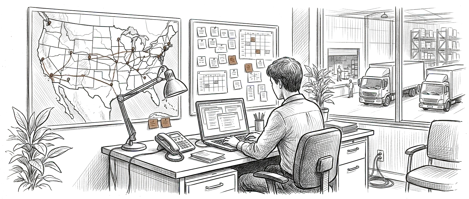 Editorial sketch of a logistics dispatch team working across exceptions, handoffs, and an AI operating environment