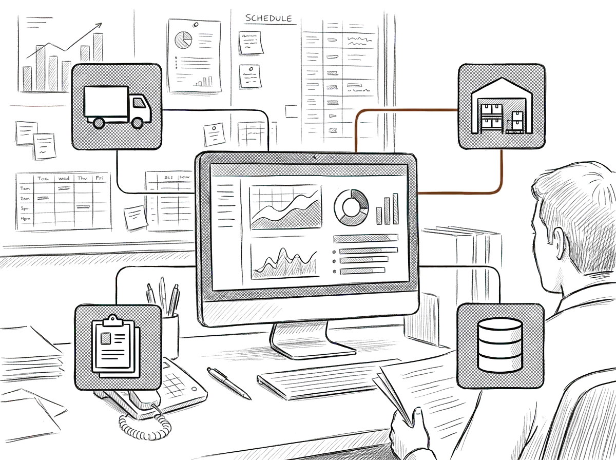 Sketch of a central system connected to TMS, WMS, and other logistics systems