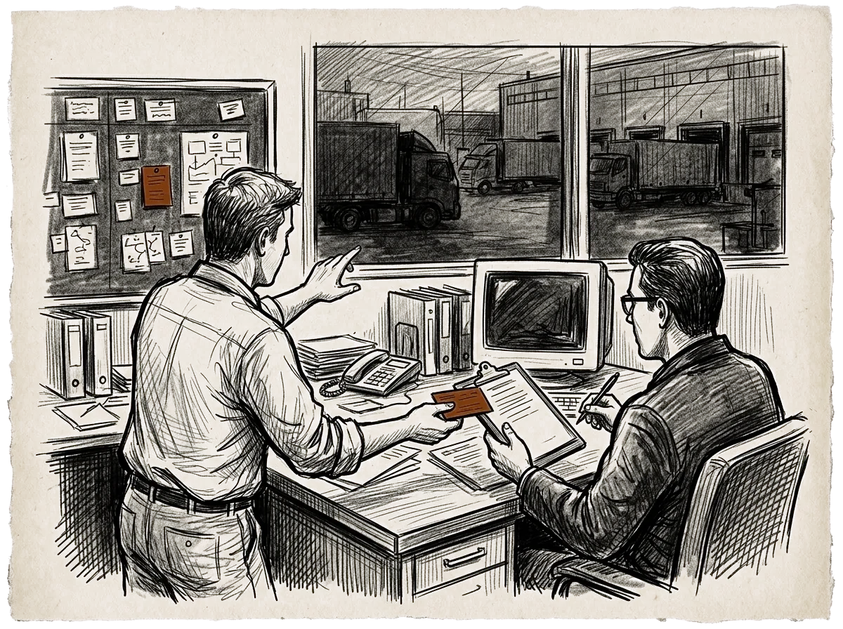 Sketch of two dispatch coordinators handing off a shift at a coordination board