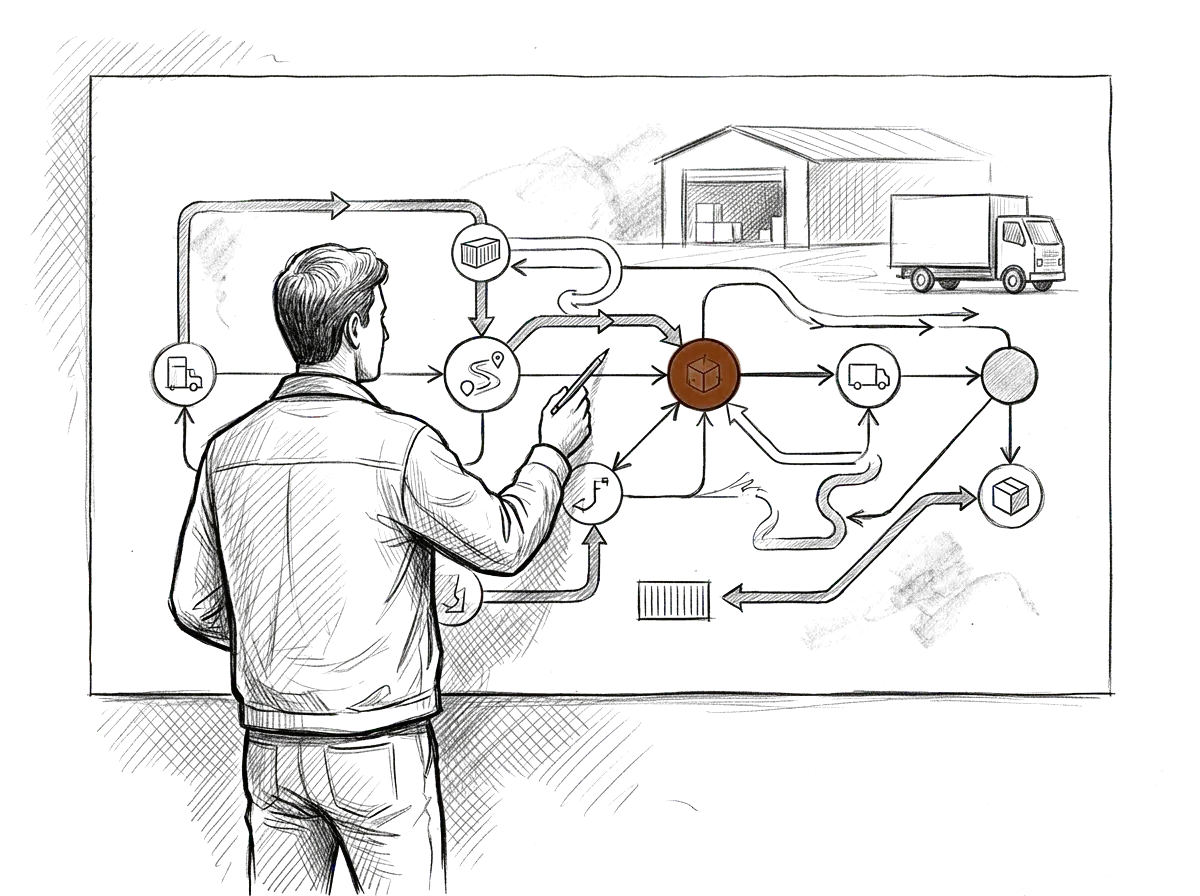 Sketch of someone tracing a shipment lifecycle on a wall diagram