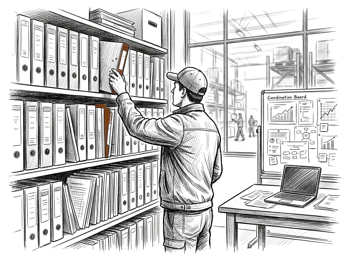 Sketch of an operator pulling a procedure binder from a shelf
