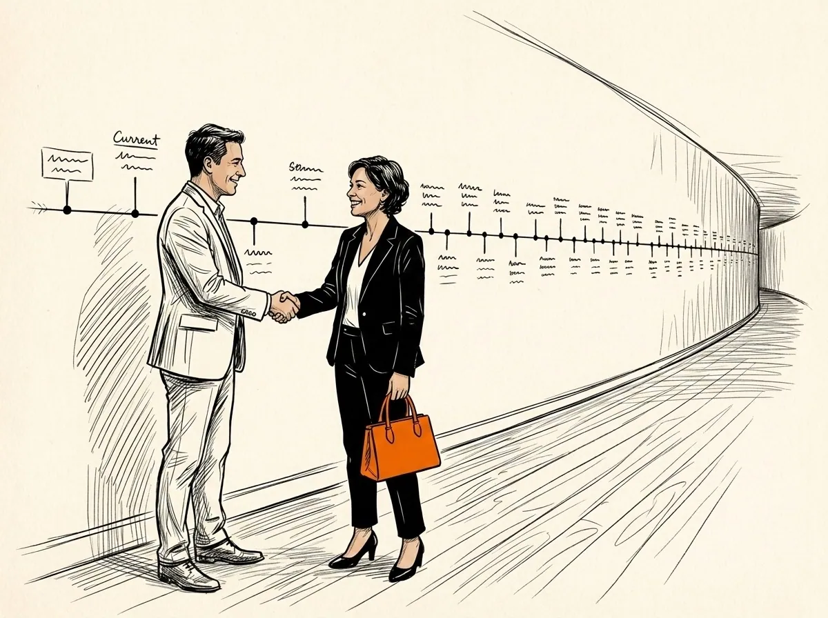 Sketch of two people shaking hands beside a timeline of repeat interactions