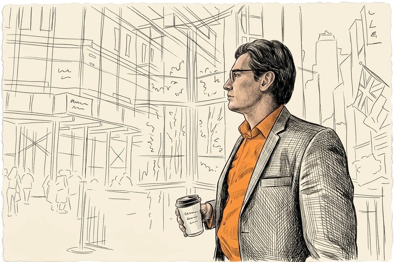 Sketch of a restaurant operator with a coffee, watching the street outside