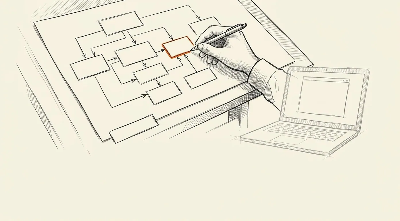 Editorial sketch of a hand drawing an operational flow diagram, with one step highlighted