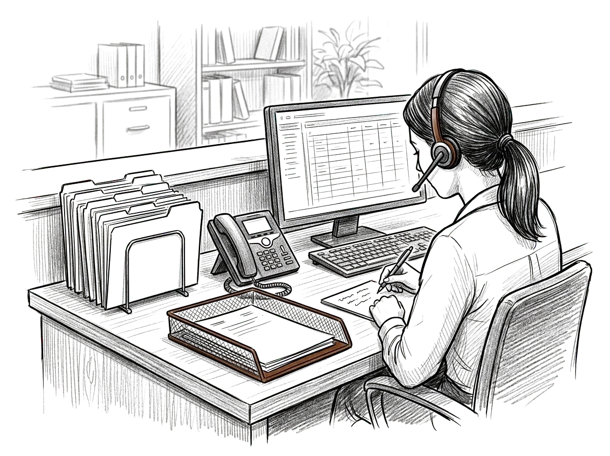Sketch of staff handling patient communication and records