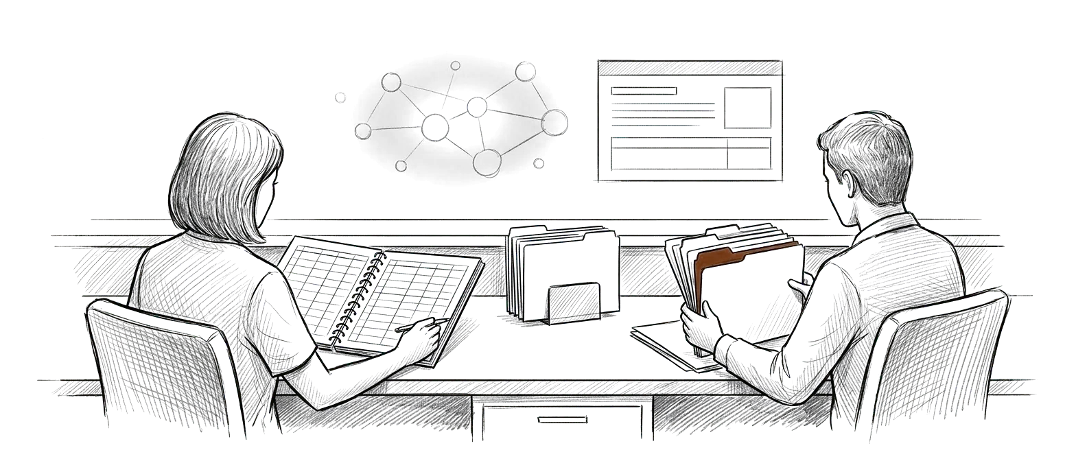 Editorial sketch of a medical practice team working across scheduling, records, billing, and an AI operating environment