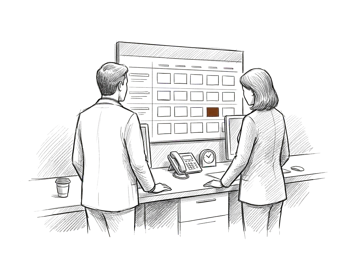 Sketch of staff reviewing a scheduling and patient-flow workflow