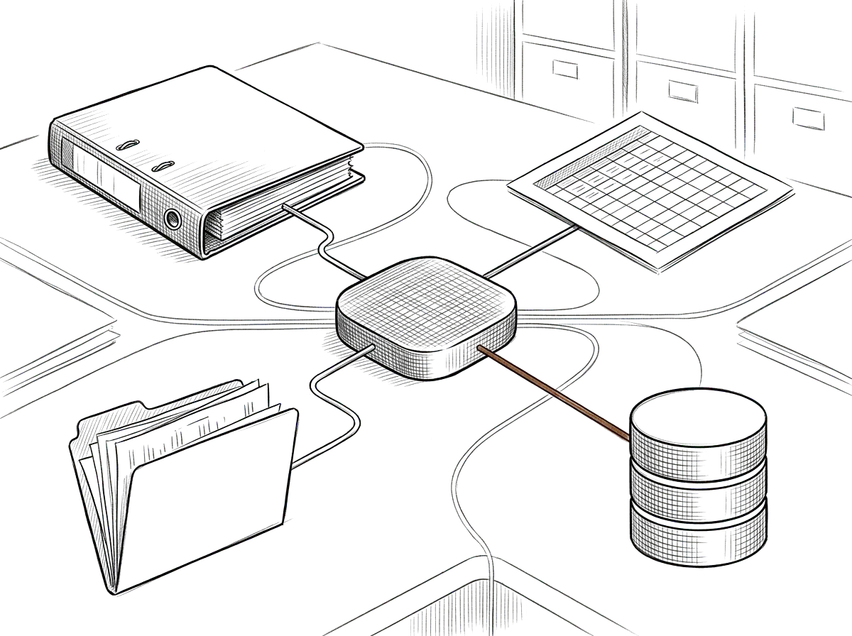 Sketch of a central system connected to policies, spreadsheets, folders, and a database