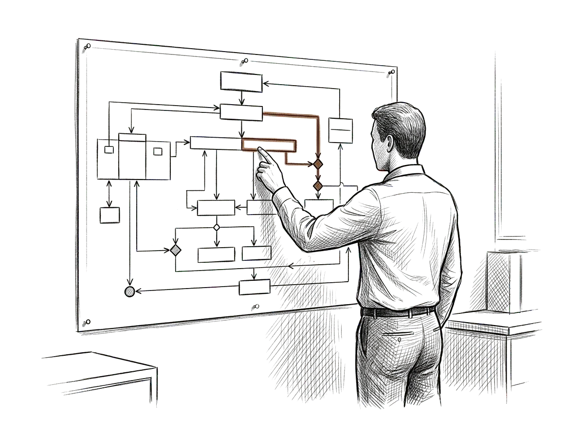 Sketch of someone tracing how the practice operates on a workflow diagram