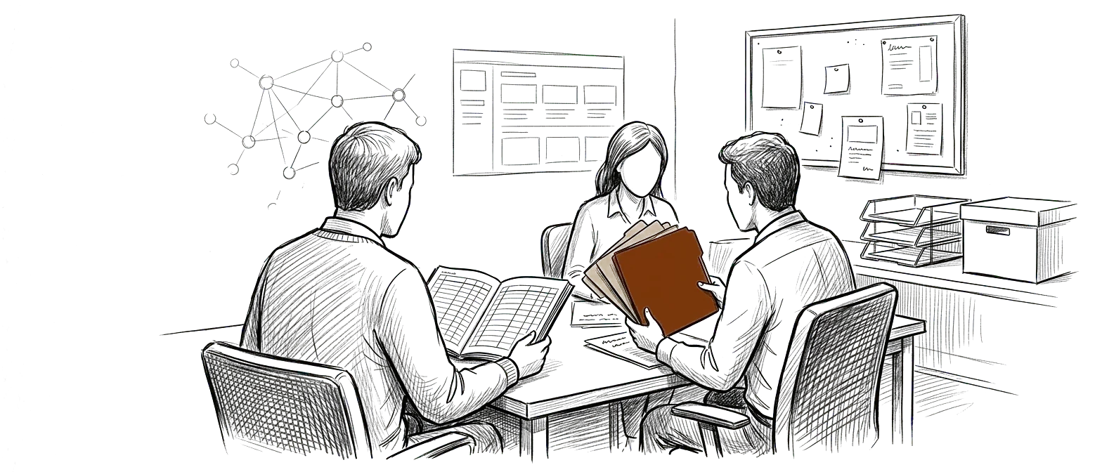 Editorial sketch of nonprofit staff working across programs, grants, and an AI operating environment