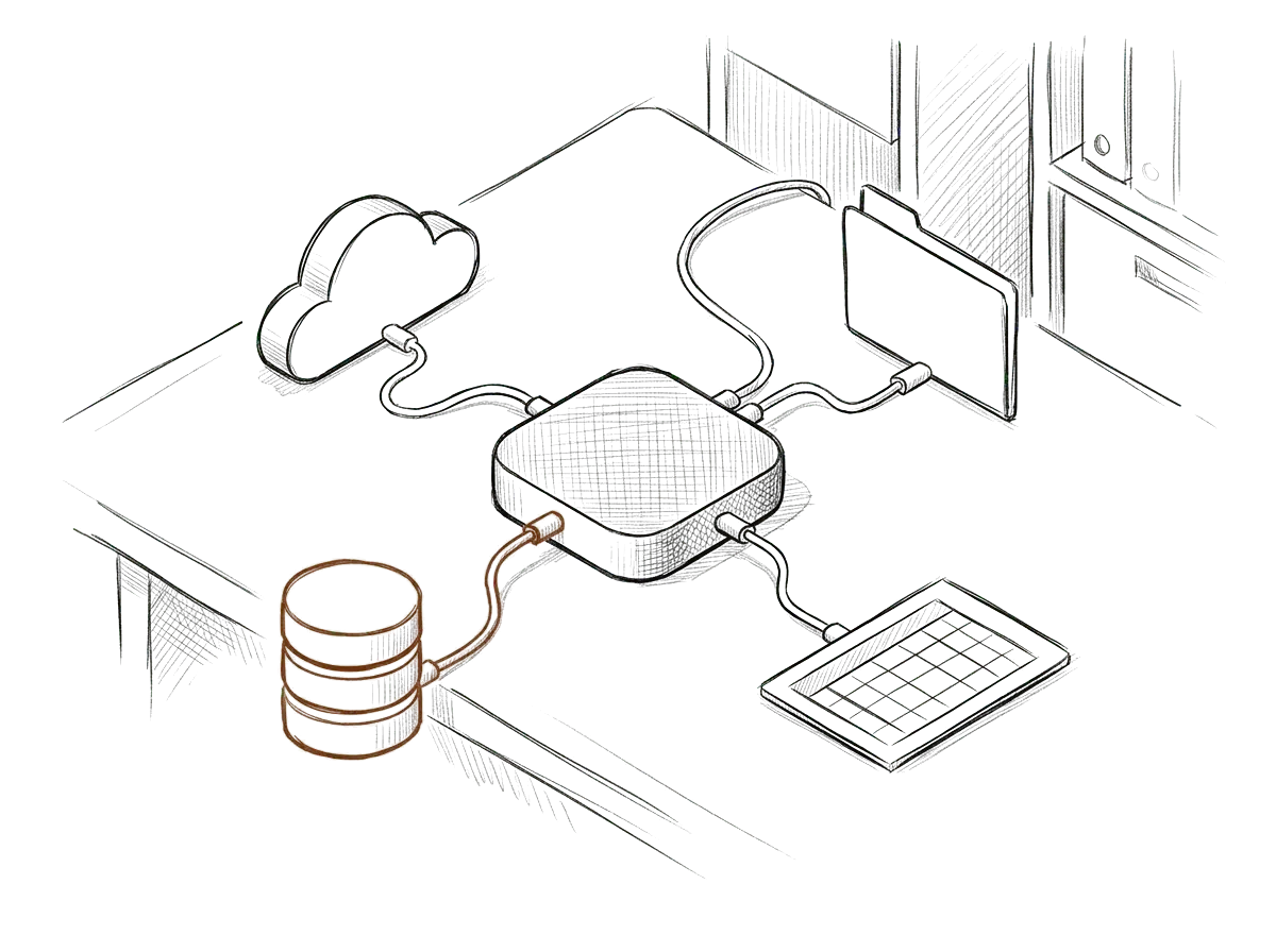 Sketch of a central system connected to drives, spreadsheets, and donor databases
