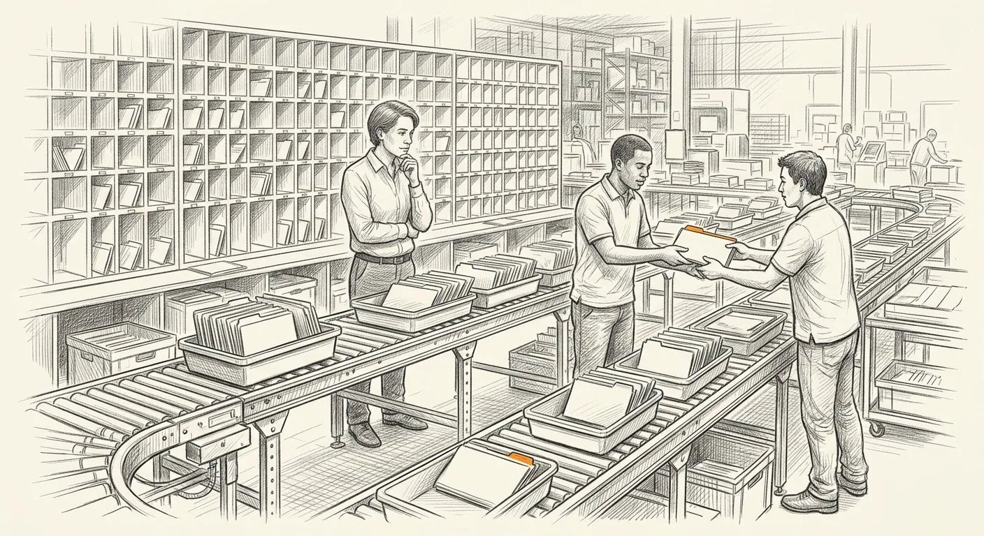 Sketch of work being handed from one person to another along a production line