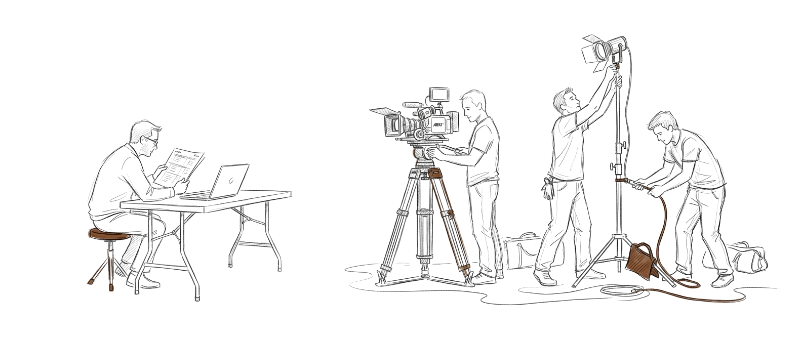 Editorial sketch of a producer at a table with a call sheet while a crew sets up a camera and a light