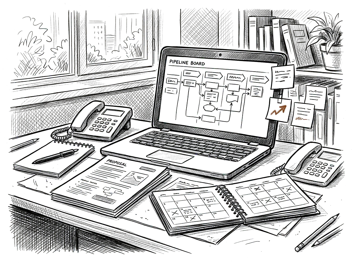 Sketch of a business-development desk with proposal and pipeline materials
