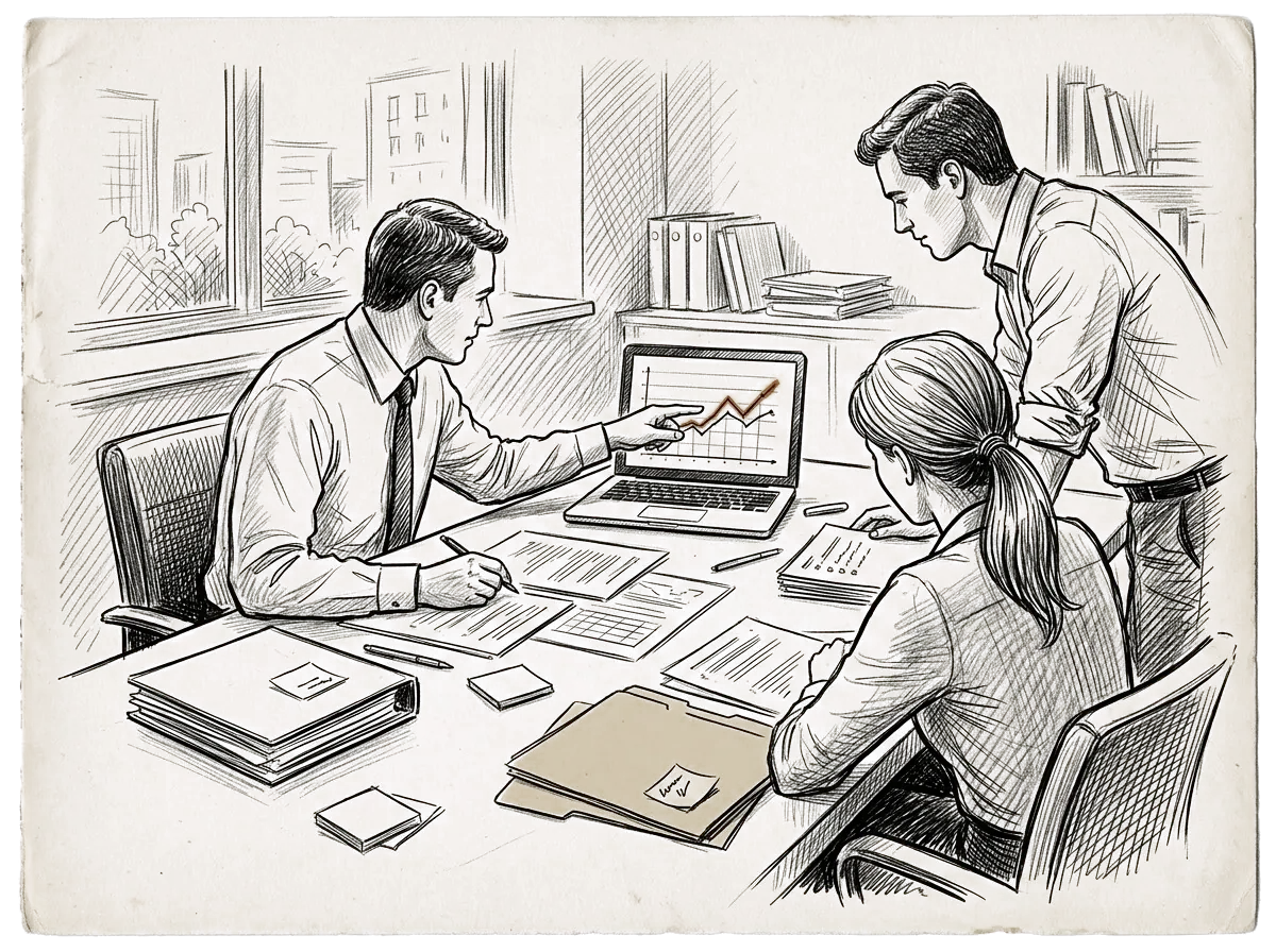 Sketch of a professional services team reviewing a deliverable and research notes