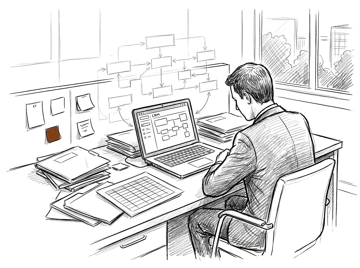 Sketch of a consulting firm organizing scattered client work into one connected environment
