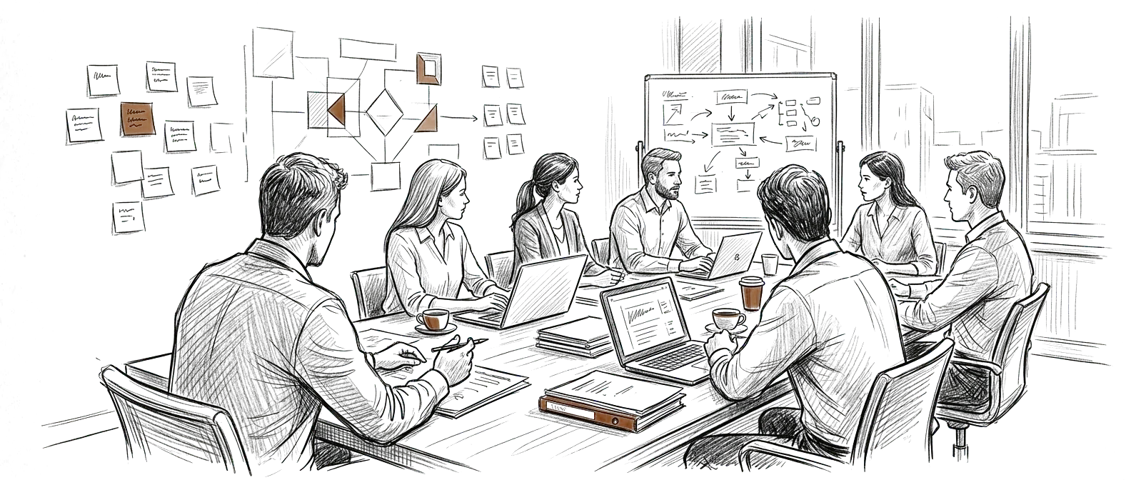 Editorial sketch of a professional services team working across client delivery, knowledge, and an AI operating environment