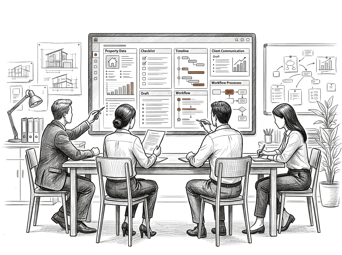 Sketch of a real estate team using a shared AI operating environment to move a deal