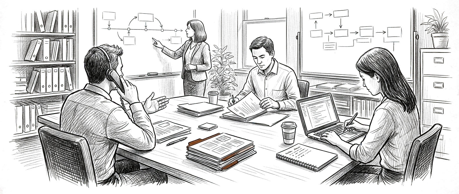 Editorial sketch of a real estate team working across leads, transactions, and an AI operating environment