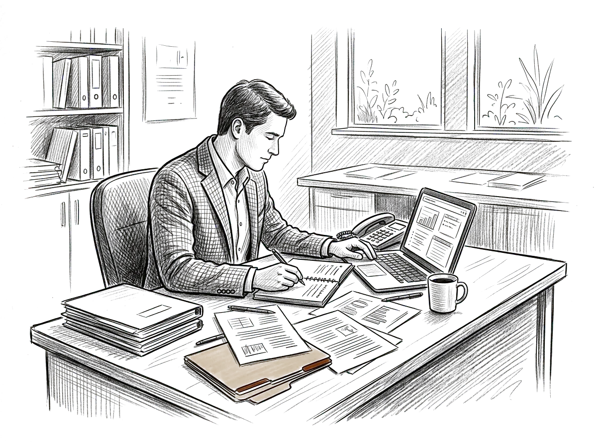 Sketch of an agent reviewing lead research and client information