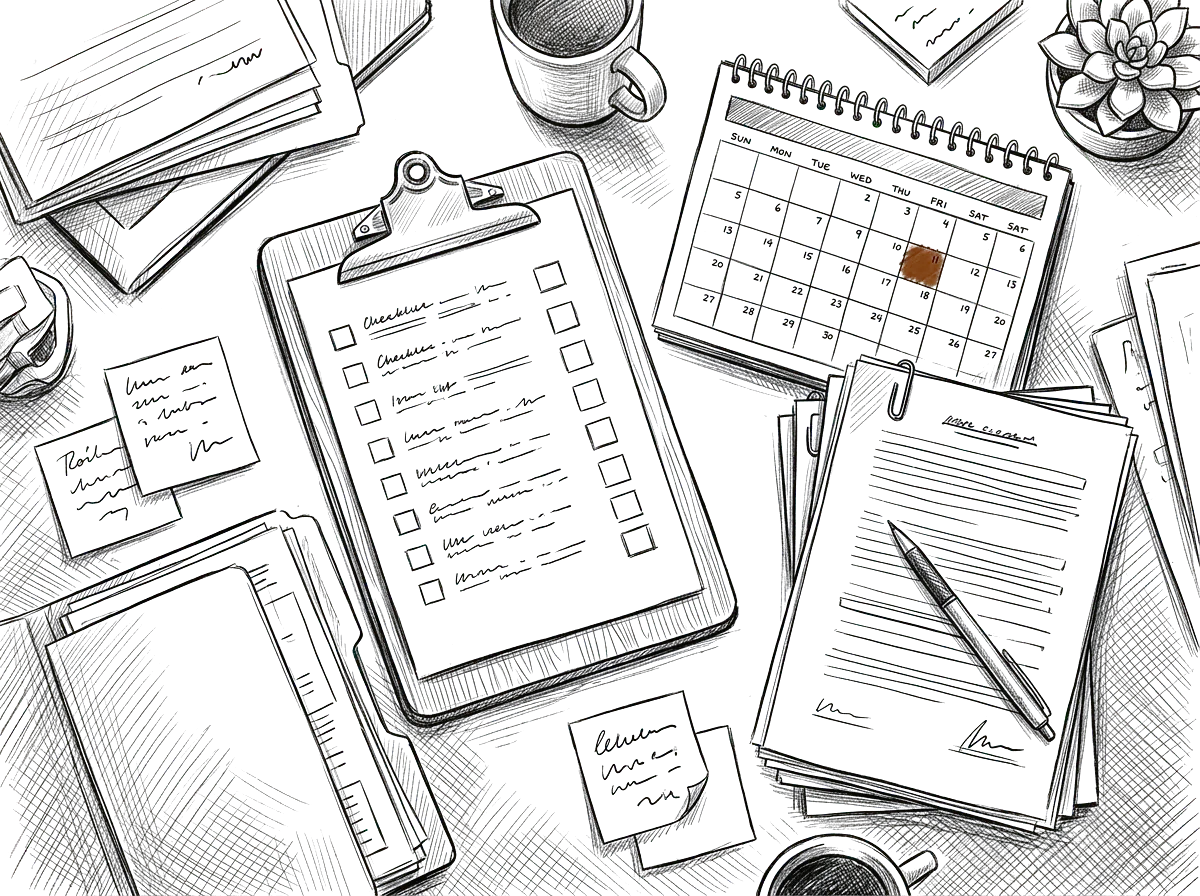 Sketch of a transaction checklist, calendar, and documents