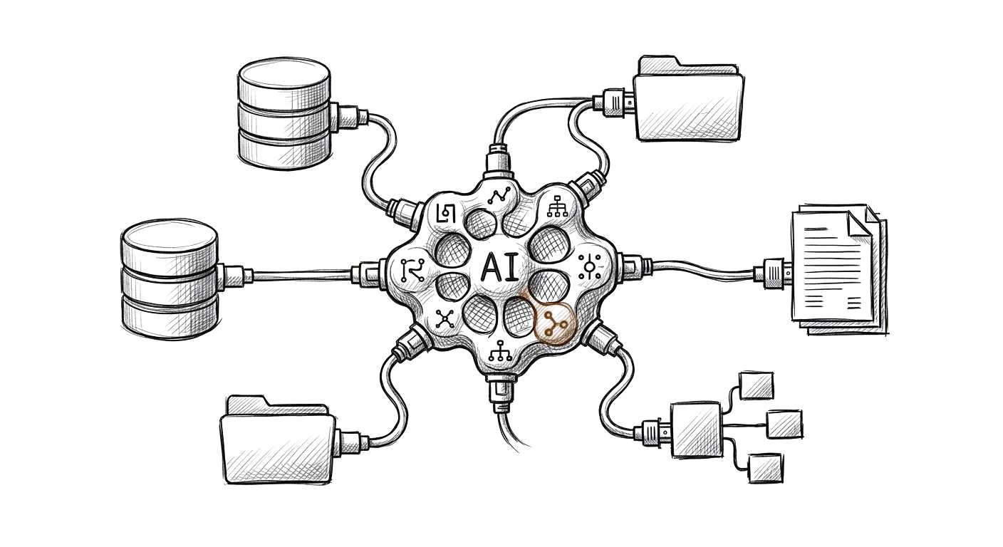 Sketch of a central system connected to documents, databases, and other business systems