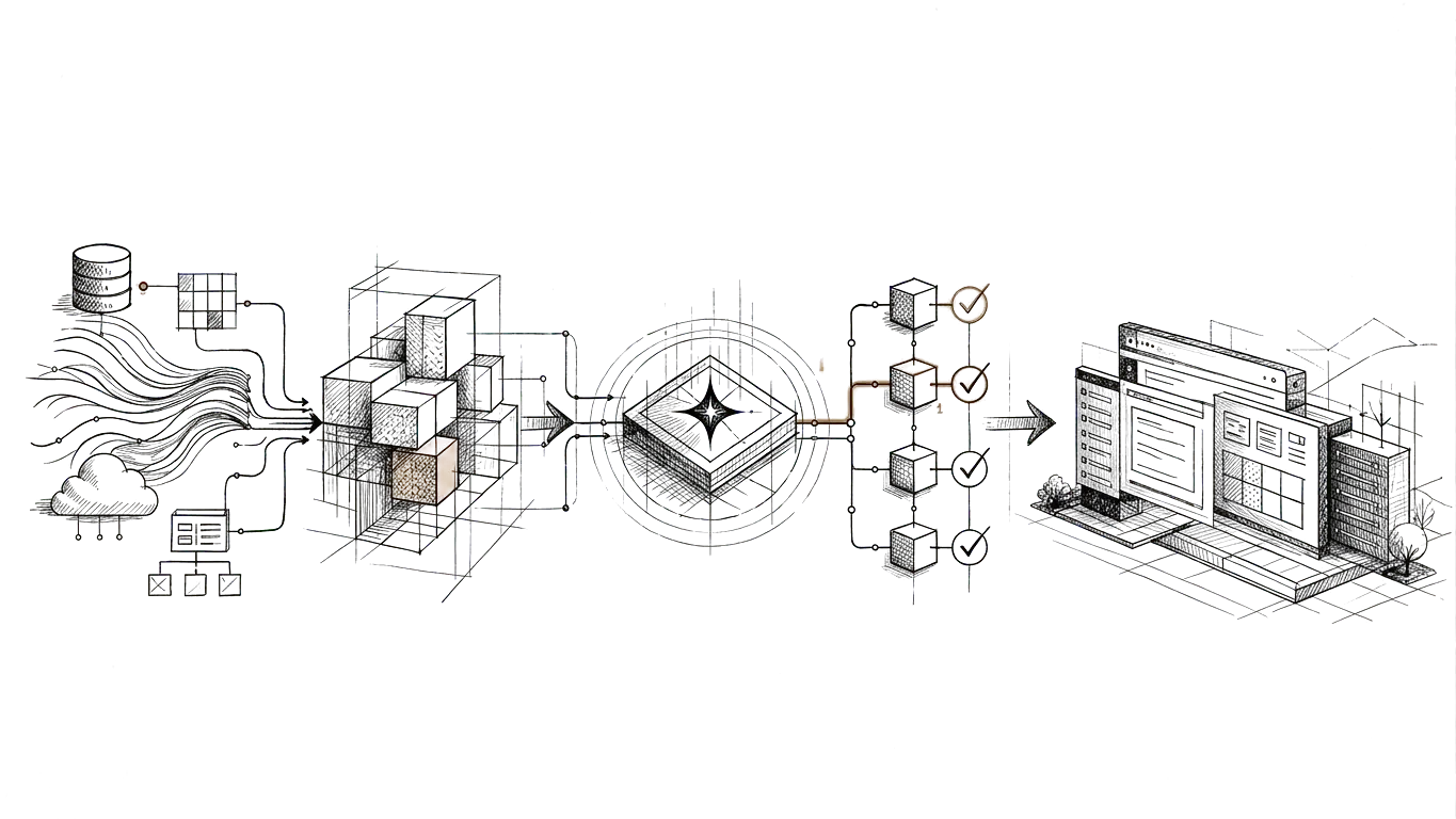 Editorial sketch of data and system architecture moving through an AI capability and quality checks into a production application