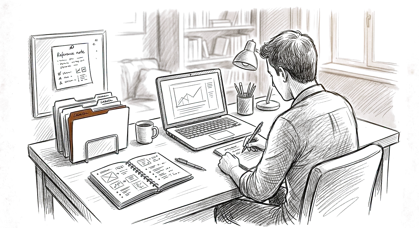 Sketch of a solo consultant preparing client work from an organized set of folders and notes