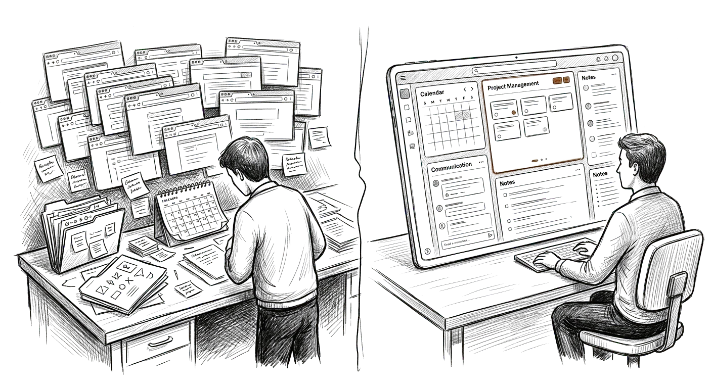 Sketch of a consultant's scattered tools consolidating into one operating environment