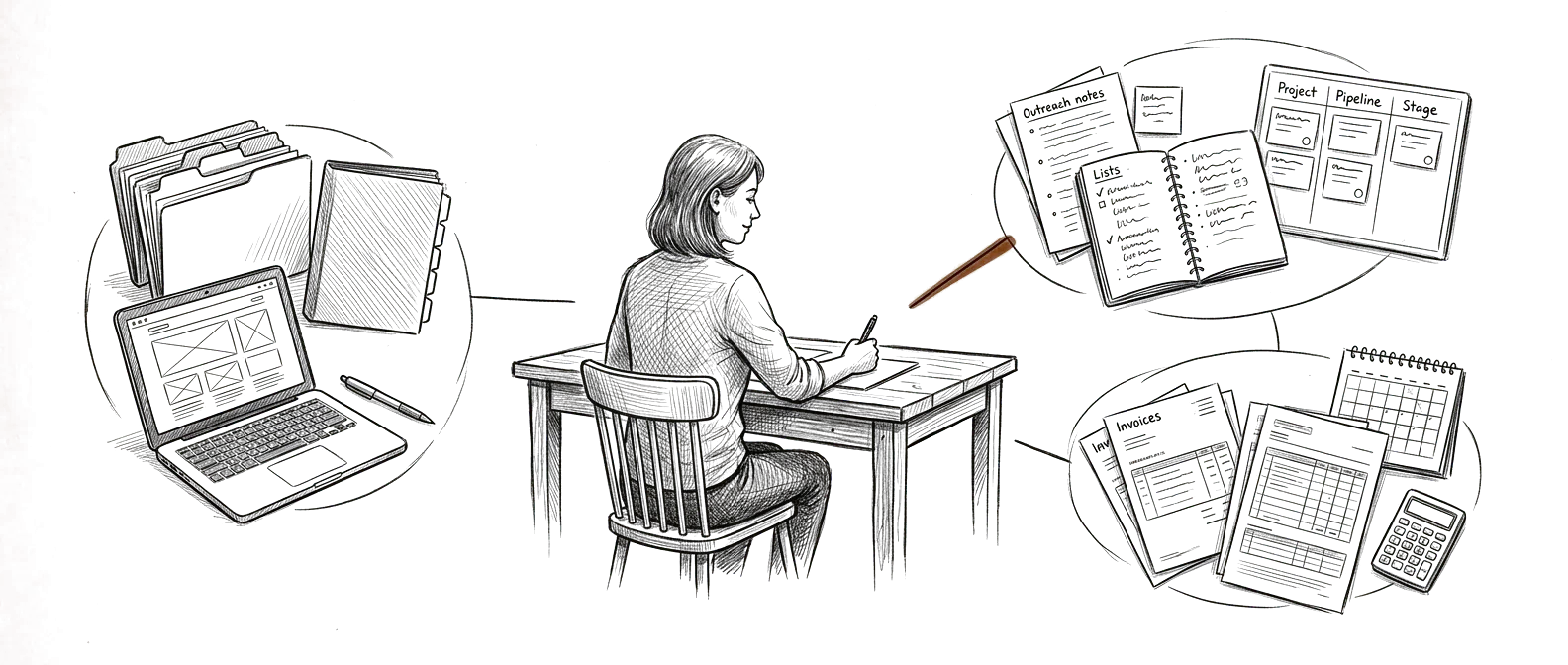 Editorial sketch of a solo business owner's client work, sales, and administration organized into one AI operating environment