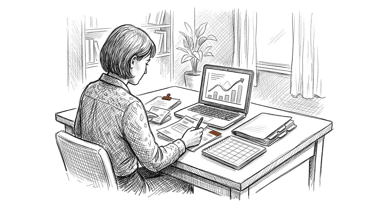 Sketch of a solo business owner handling invoices, planning, and recurring administrative work