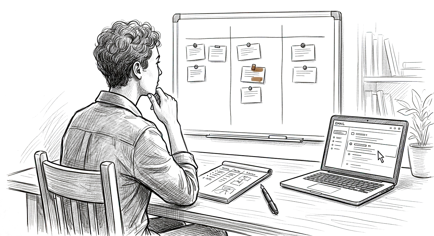 Sketch of a solo business owner working through a lead pipeline and outreach notes