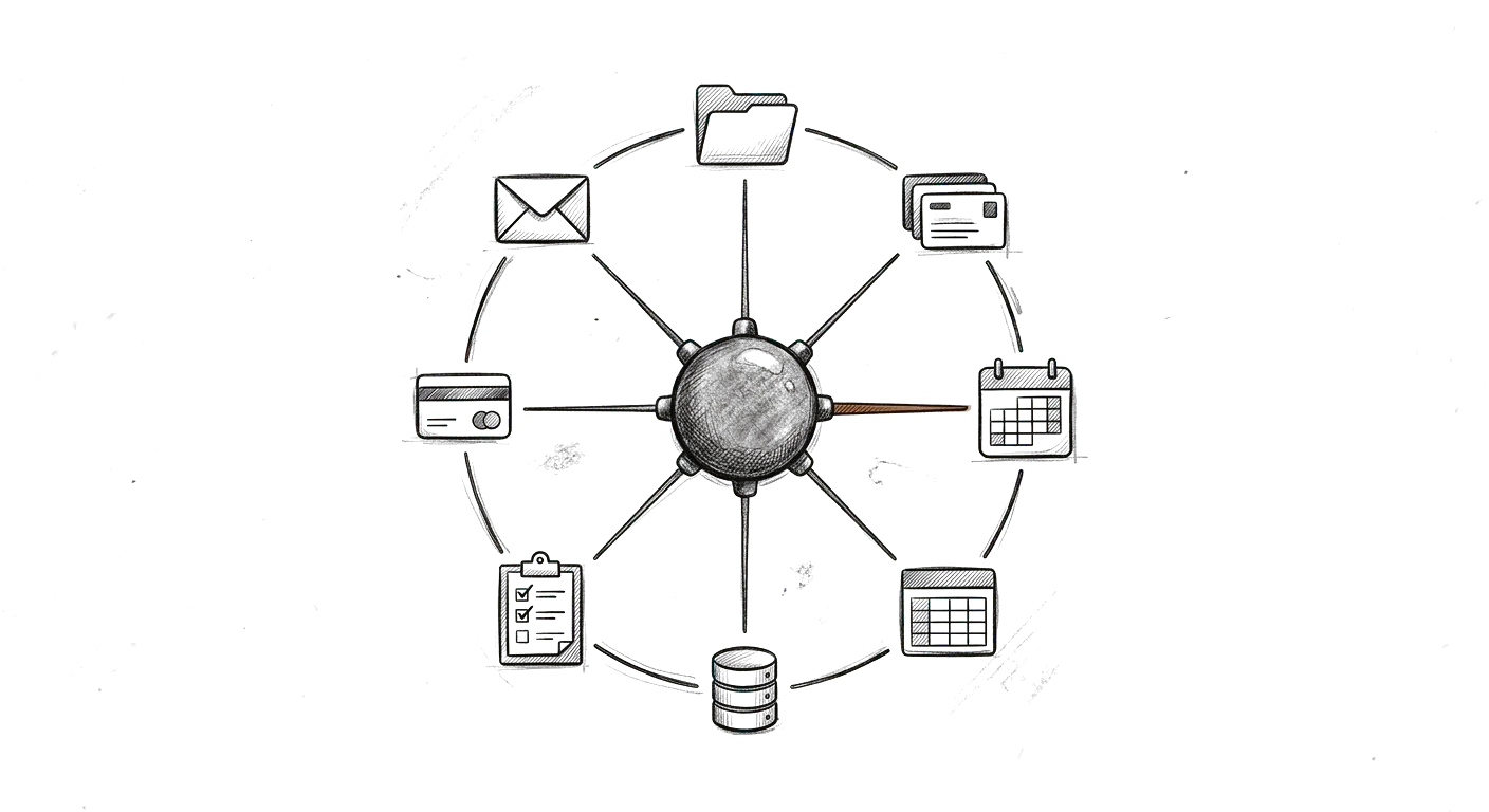 Sketch of a central hub connected to email, drive, CRM, calendar, spreadsheets, and other business tools