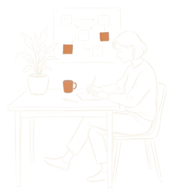 Pencil sketch of a person working calmly at a simple desk, with a tidy board of connected notes on the wall